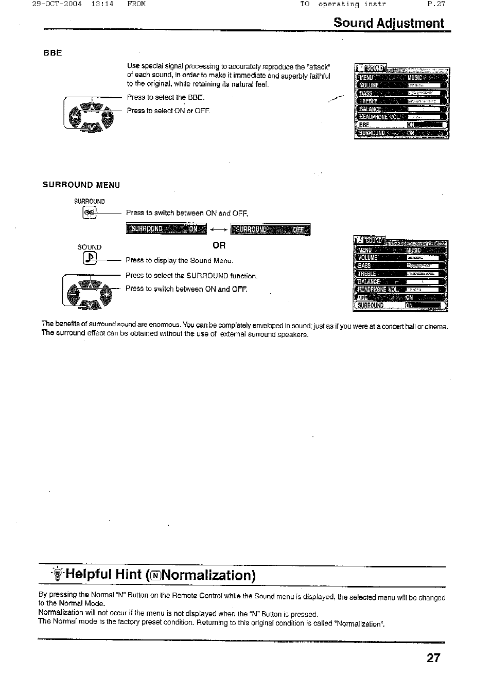 Helpful hint (isnormalization), Sound adjustment | Panasonic TX-56P800H User Manual | Page 27 / 36