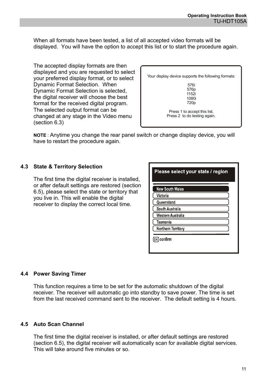 3state & territory selection, 4power saving timer, 5auto scan channel | 3 state & territory selection, 4 power saving timer, 5 auto scan channel | Panasonic TU-HDT105A User Manual | Page 11 / 32