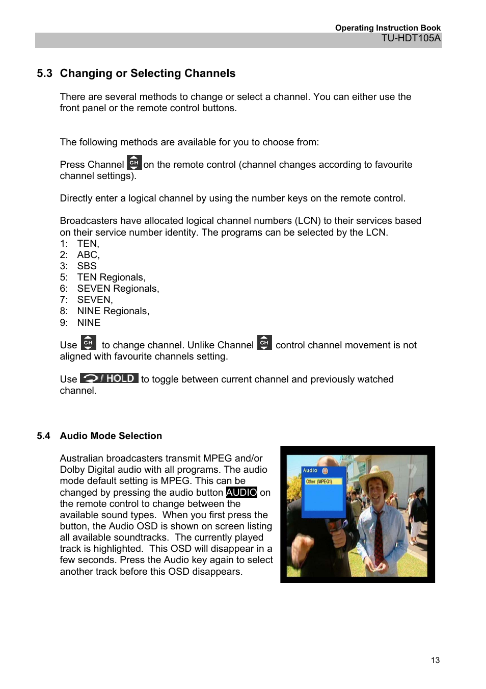 3changing or selecting channels, 4audio mode selection, 3 changing or selecting channels | 4 audio mode selection | Panasonic TU-HDT105A User Manual | Page 13 / 32