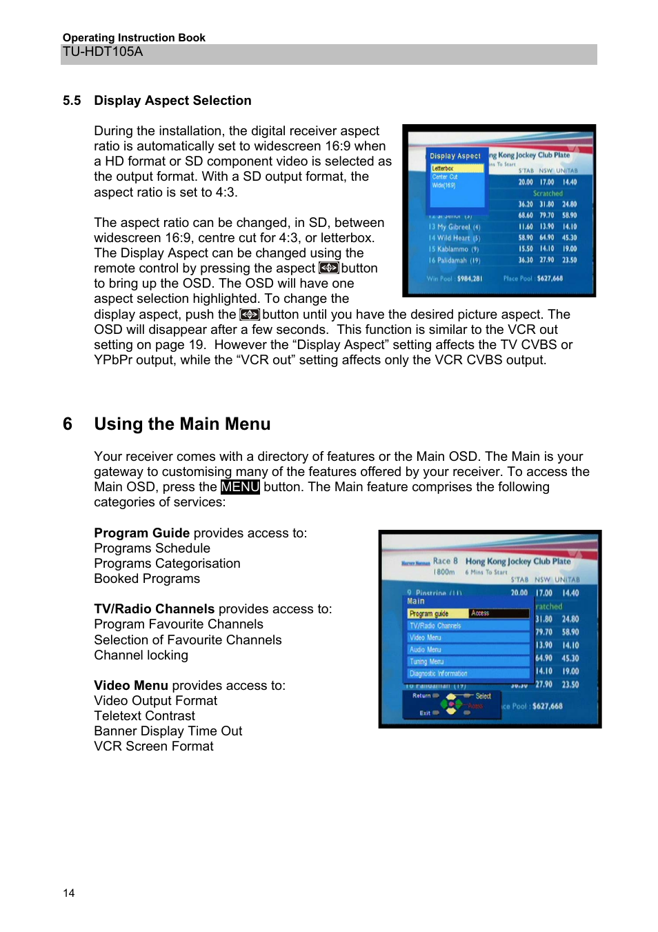 5display aspect selection, 6using the main menu, 5 display aspect selection | Using the main menu, 6 using the main menu | Panasonic TU-HDT105A User Manual | Page 14 / 32