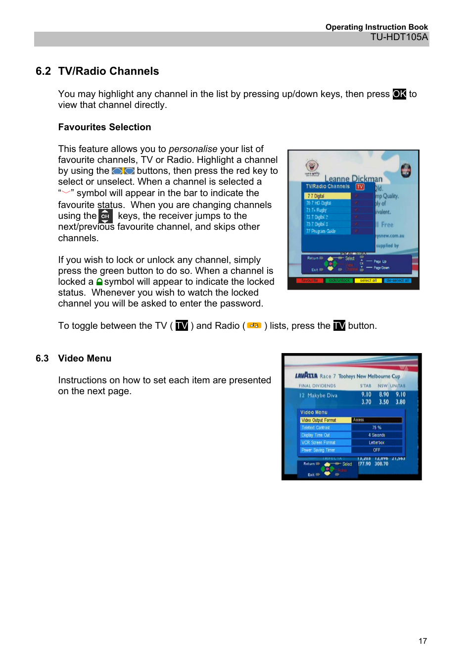 2tv/radio channels, 3video menu, 2 tv/radio channels | 3 video menu | Panasonic TU-HDT105A User Manual | Page 17 / 32