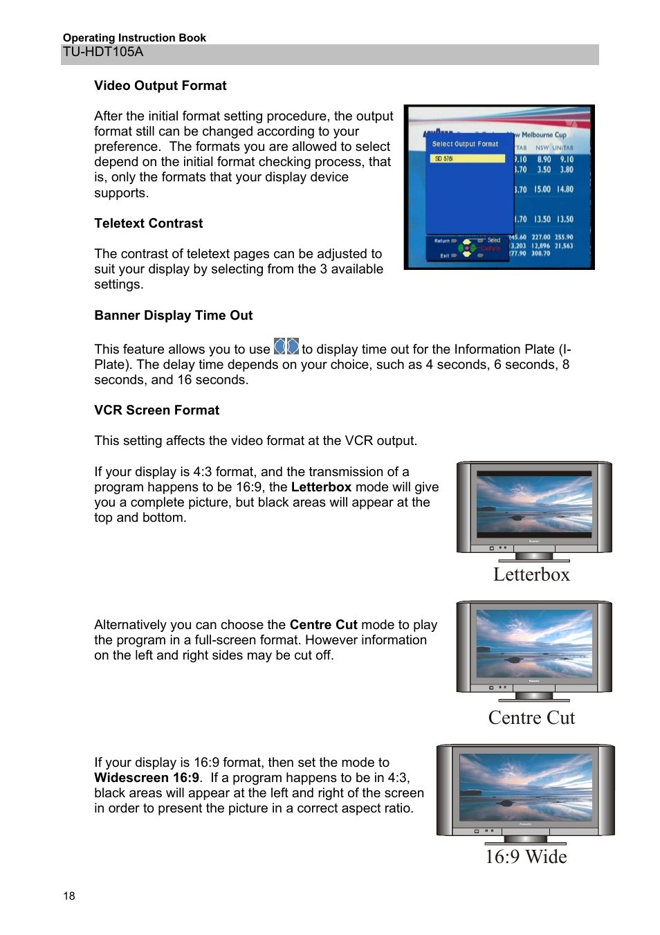 Letterbox, Centre cut, 9 wide | Panasonic TU-HDT105A User Manual | Page 18 / 32