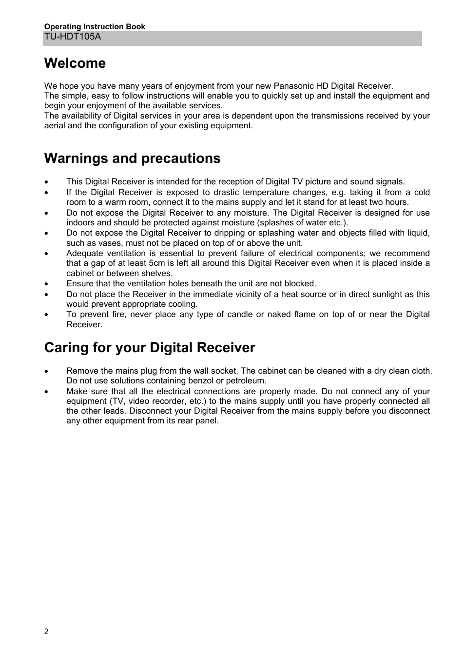 Welcome, Warnings and precautions, Caring for your digital receiver | Panasonic TU-HDT105A User Manual | Page 2 / 32