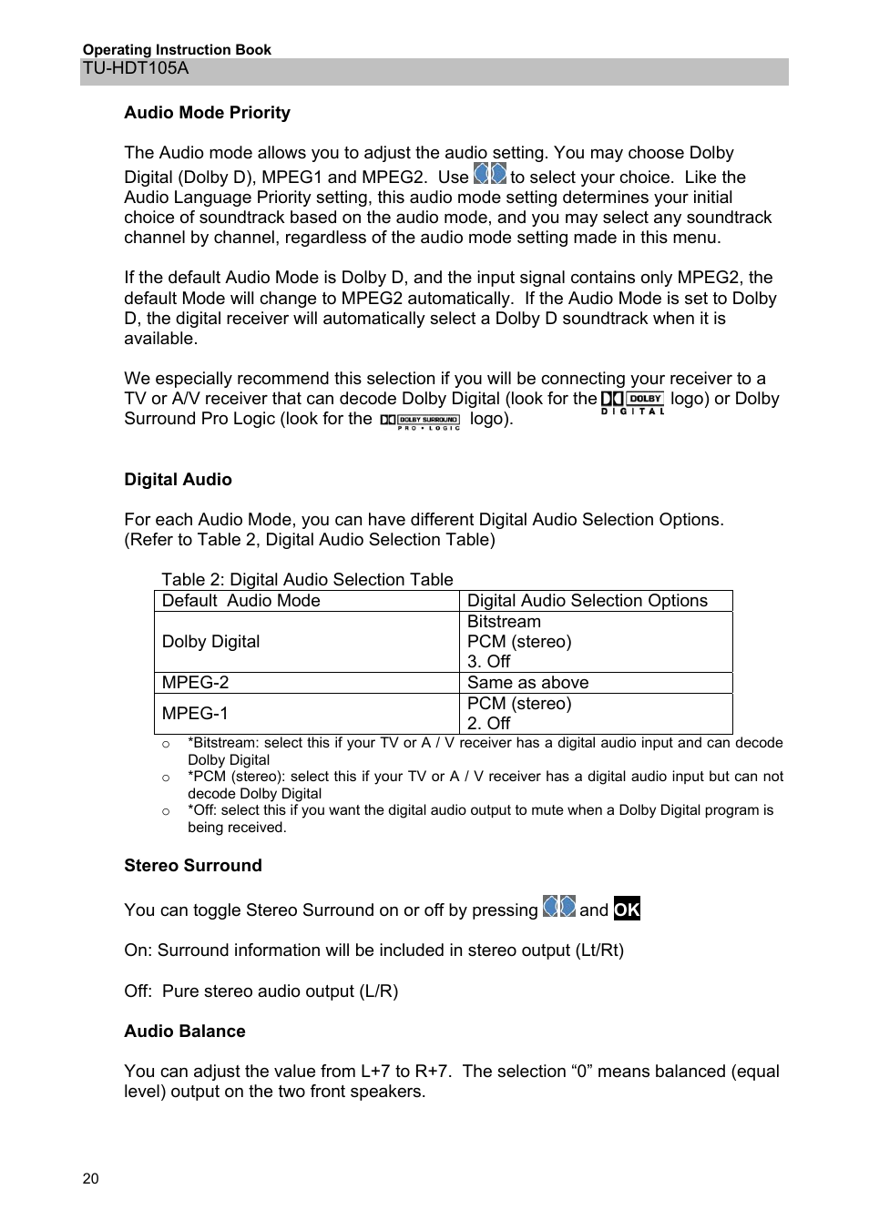 Panasonic TU-HDT105A User Manual | Page 20 / 32