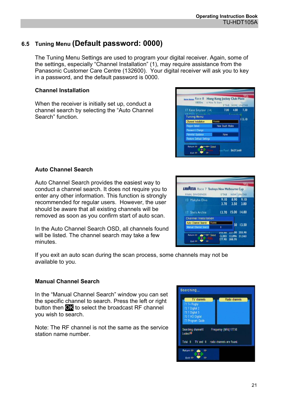 5tuning menu (default password: 0000), 5 tuning menu (default password: 0000), Lt password: 0000) | Defau | Panasonic TU-HDT105A User Manual | Page 21 / 32