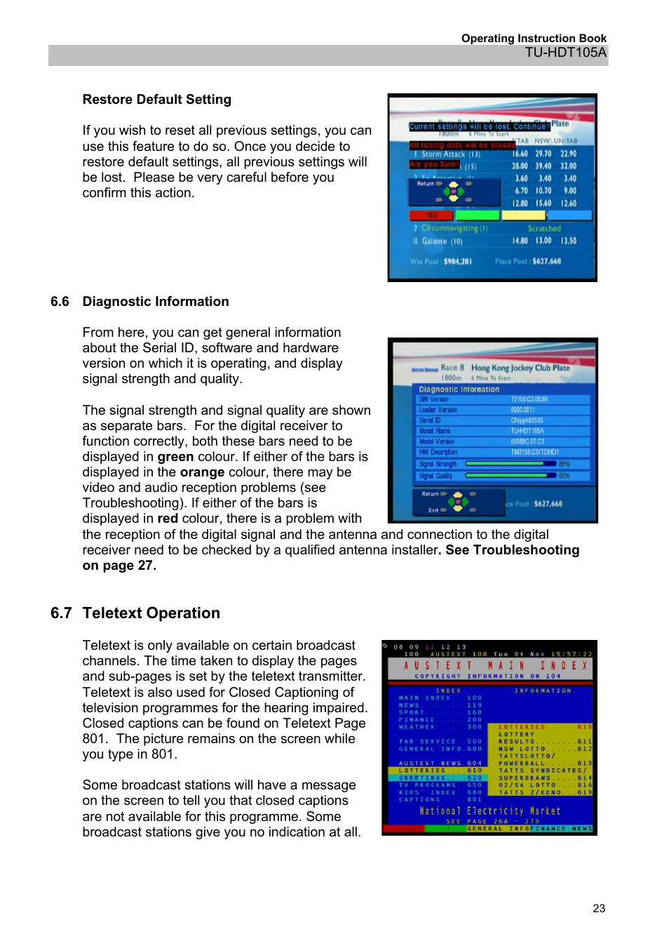 6diagnostic information, 7teletext operation, 6 diagnostic information | 7 teletext operation | Panasonic TU-HDT105A User Manual | Page 23 / 32