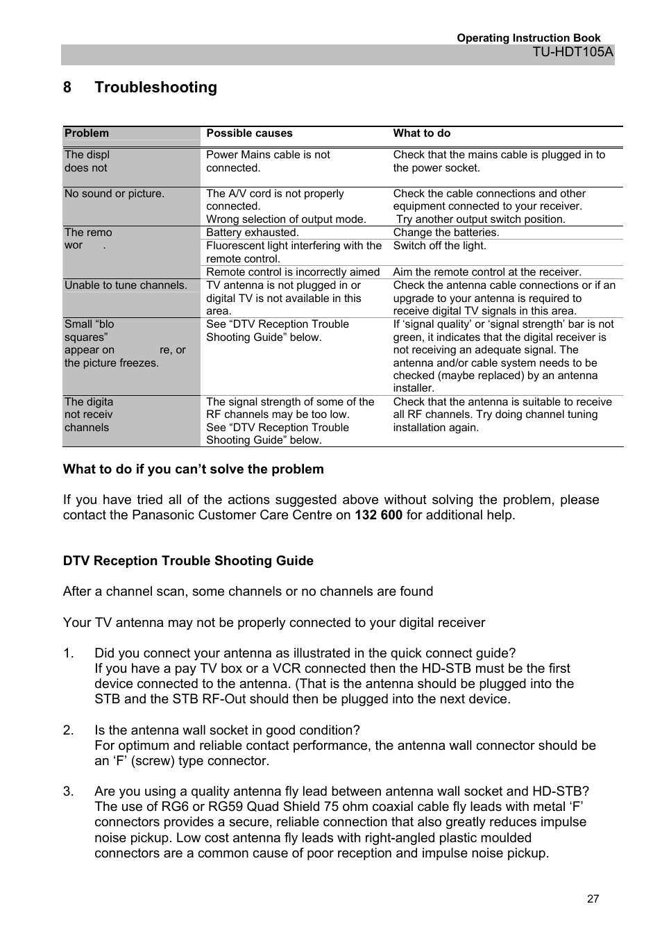 8troubleshooting, Troubleshooting, Oting 8 troublesho | Panasonic TU-HDT105A User Manual | Page 27 / 32