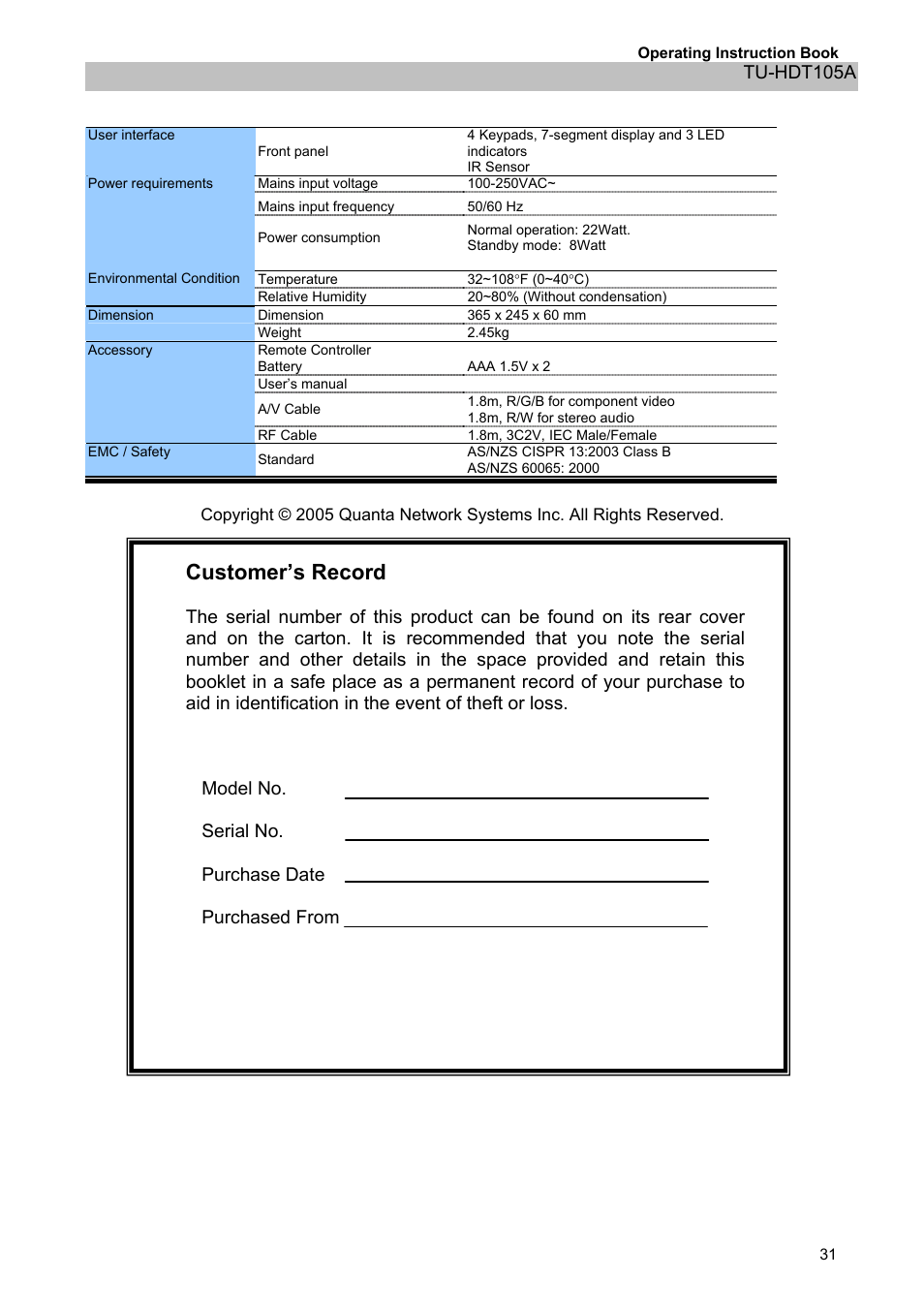 Customer’s record | Panasonic TU-HDT105A User Manual | Page 31 / 32