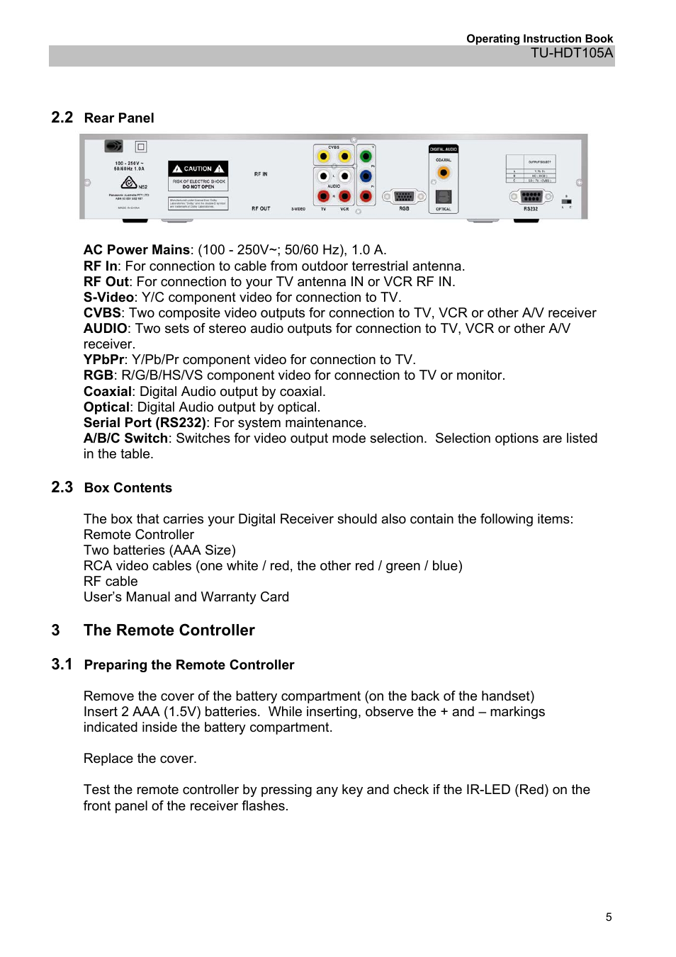 Rear panel, Box contents, The remote controller | Preparing the remote controller, 2 rear panel, 3 box contents, 1 preparing the remote controller | Panasonic TU-HDT105A User Manual | Page 5 / 32