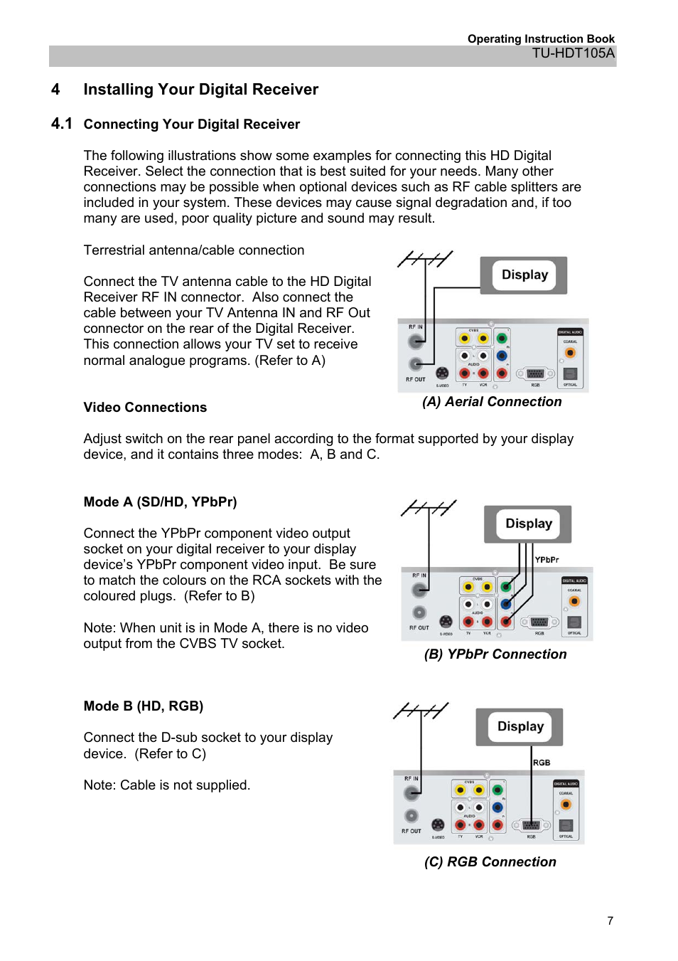 Installing your digital receiver, Connecting your digital receiver, 1 connecting your digital receiver | Panasonic TU-HDT105A User Manual | Page 7 / 32