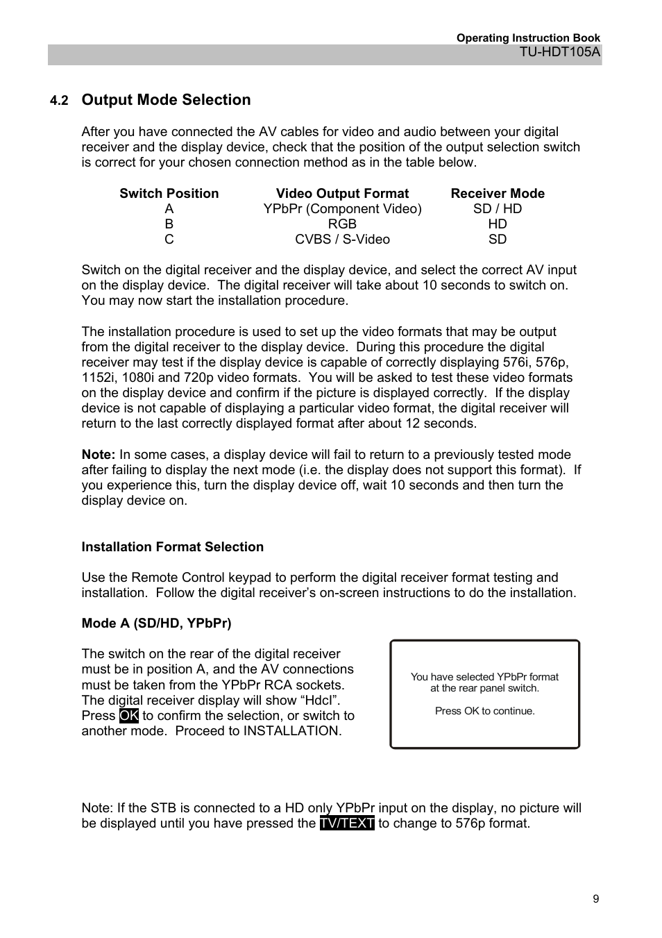 2output mode selection, 2 output mode selection | Panasonic TU-HDT105A User Manual | Page 9 / 32