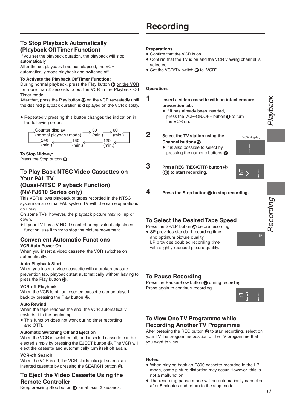 Recording, Pla ybac k | Panasonic NV-FJ610 User Manual | Page 11 / 34