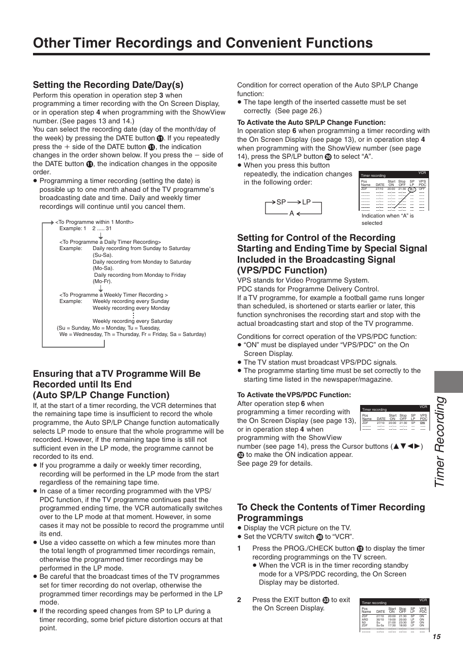 Other timer recordings and convenient functions, Timer recording, Setting the recording date/day(s) | Panasonic NV-FJ610 User Manual | Page 15 / 34