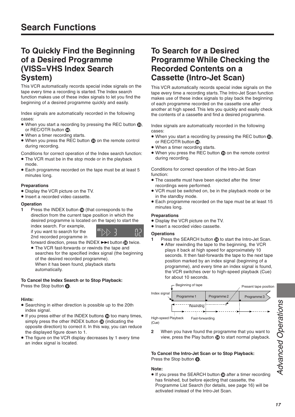 Search functions, Adv anced operations | Panasonic NV-FJ610 User Manual | Page 17 / 34