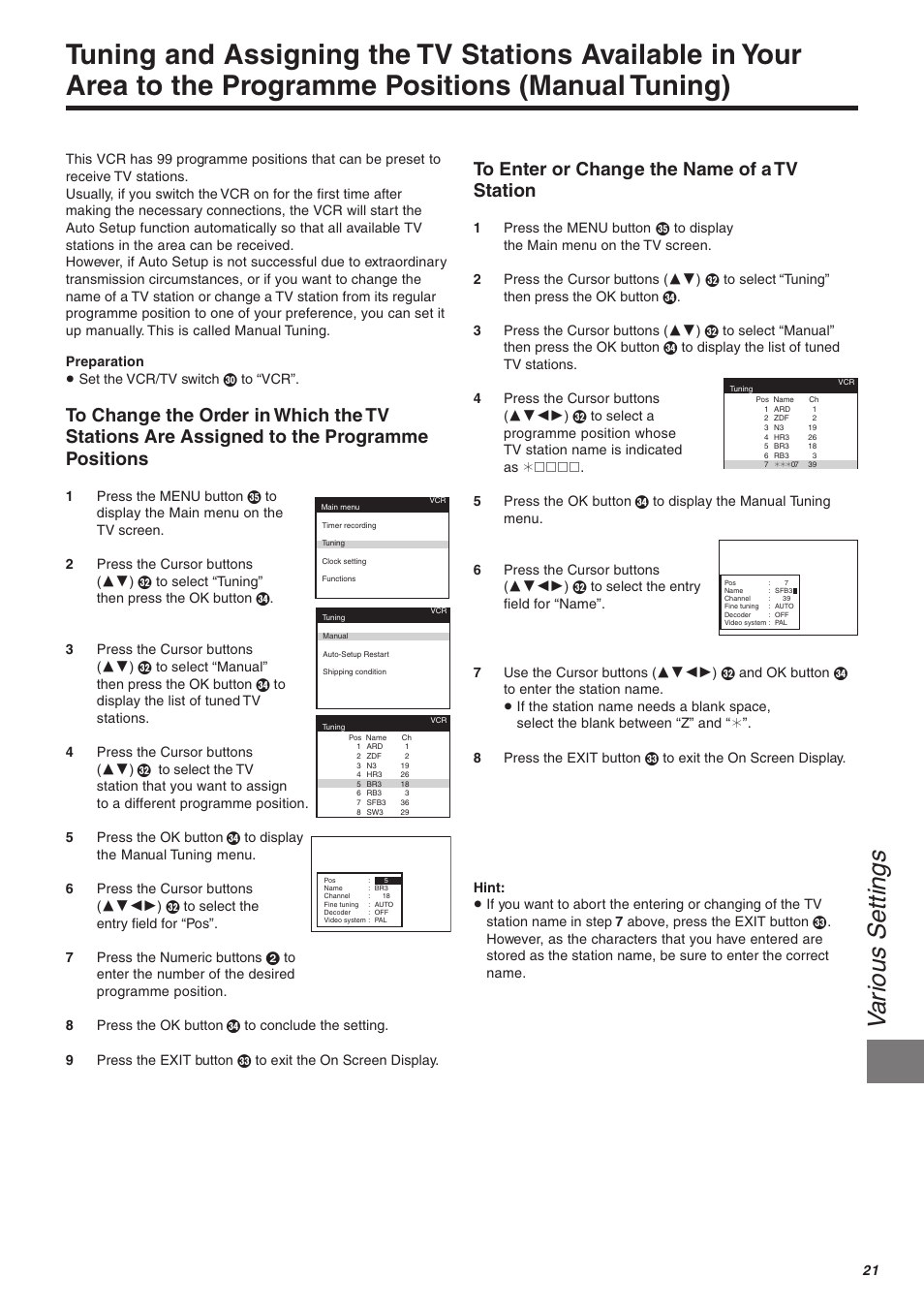 Va rious settings | Panasonic NV-FJ610 User Manual | Page 21 / 34