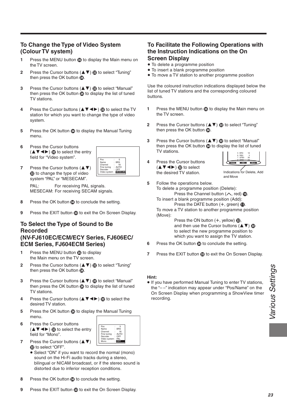 Va rious settings | Panasonic NV-FJ610 User Manual | Page 23 / 34