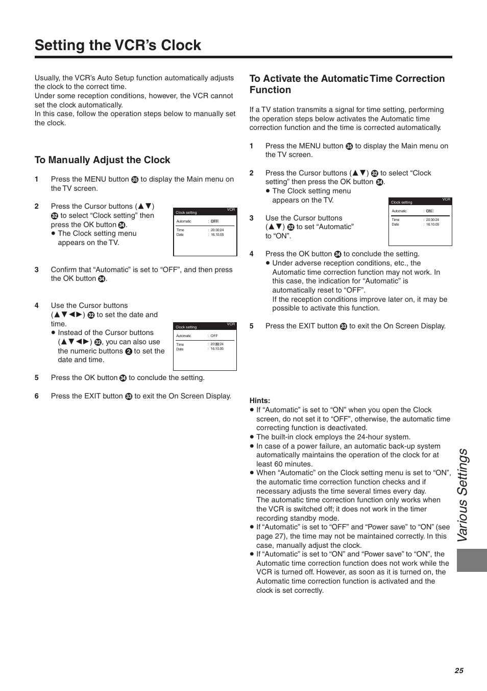 Setting the vcr’s clock, Va rious settings | Panasonic NV-FJ610 User Manual | Page 25 / 34