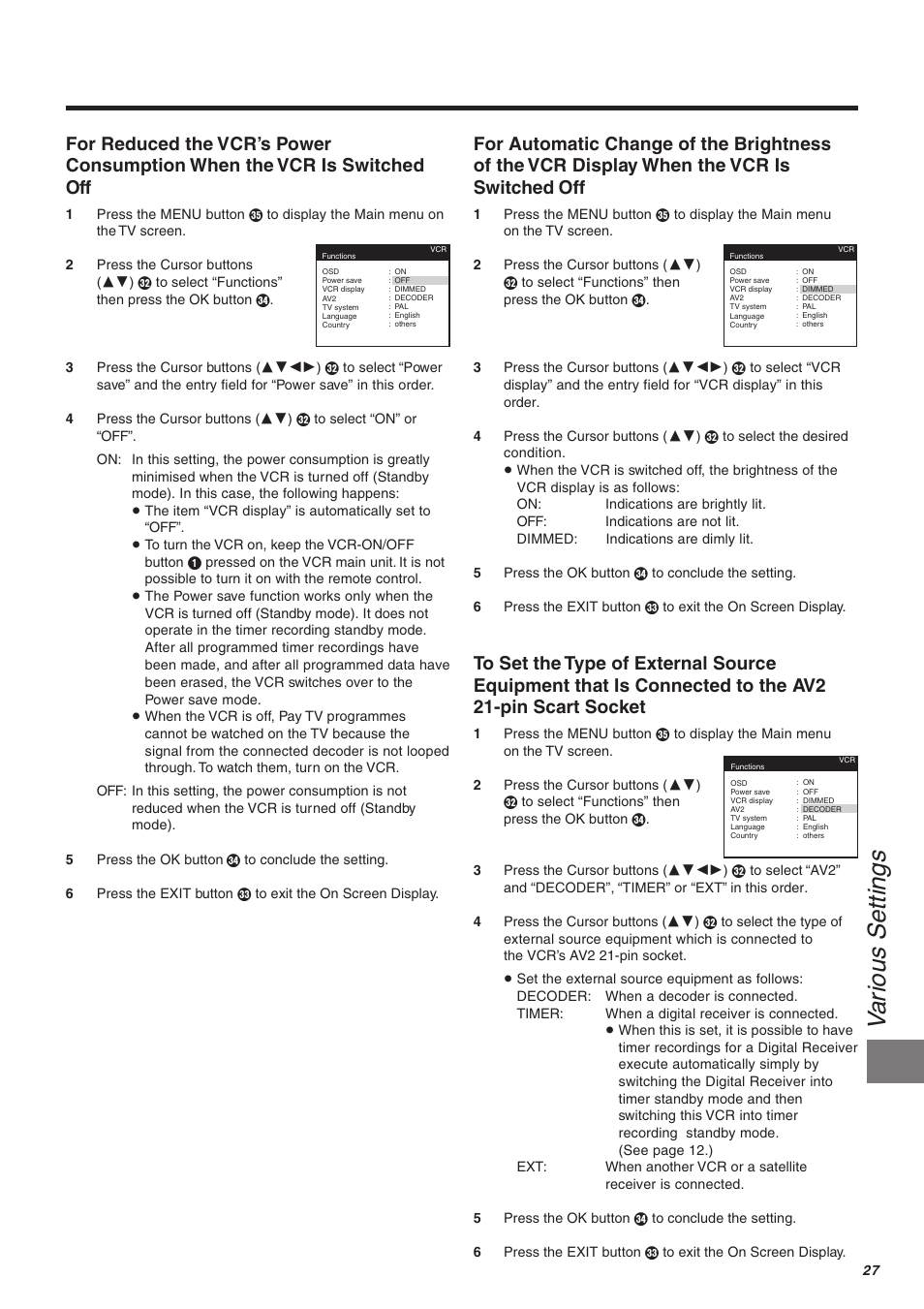Va rious settings | Panasonic NV-FJ610 User Manual | Page 27 / 34
