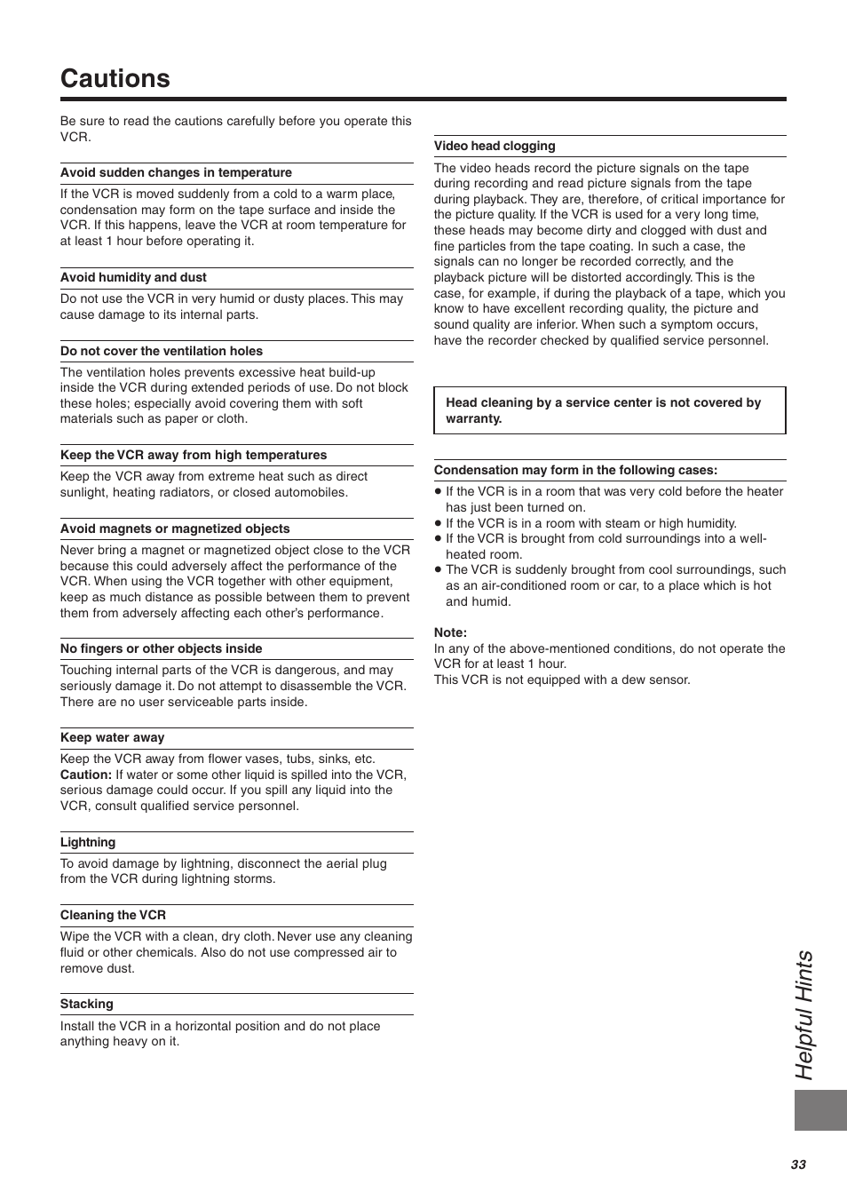 Cautions, Helpful hints | Panasonic NV-FJ610 User Manual | Page 33 / 34