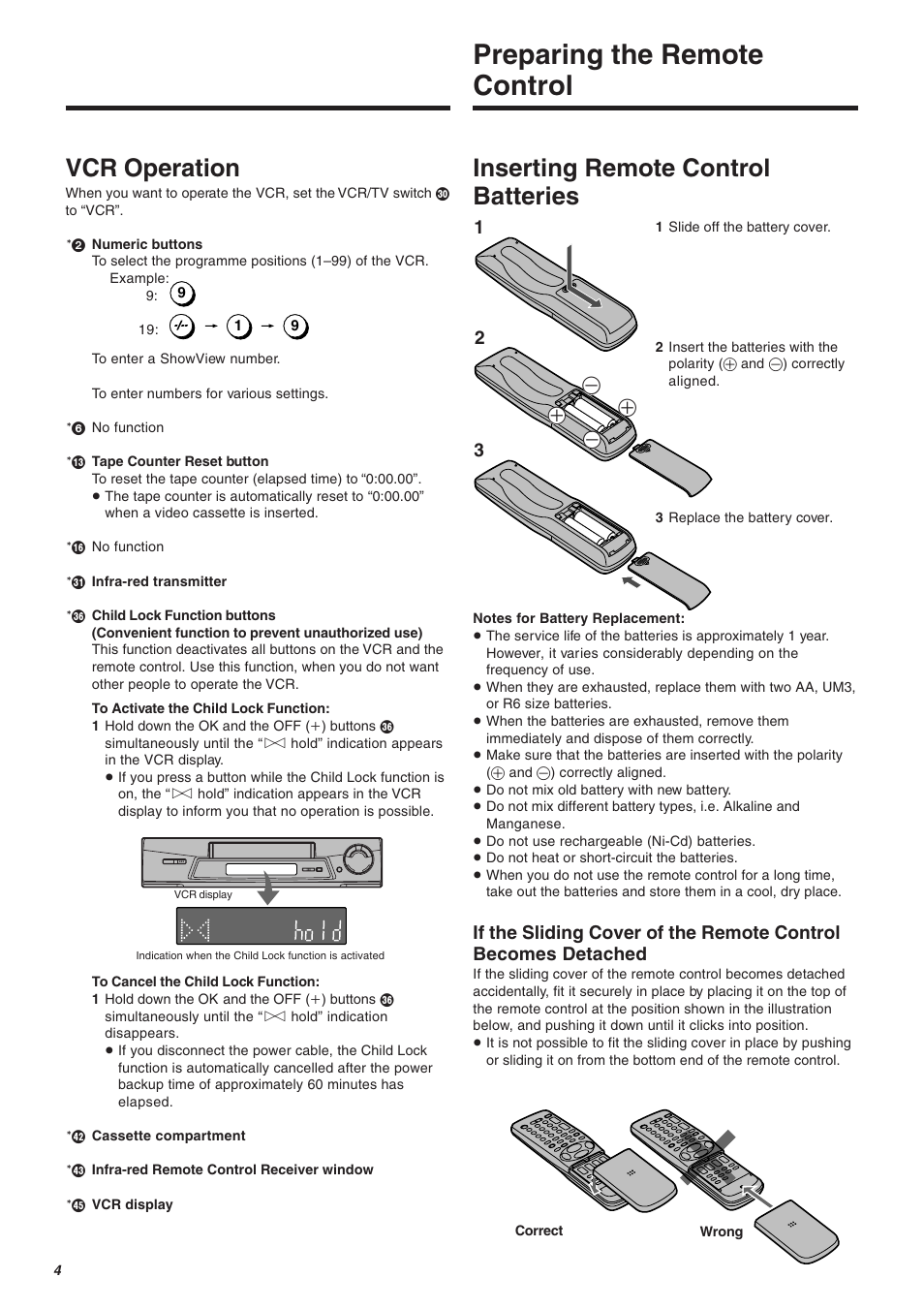Preparing the remote control, Vcr operation, Inserting remote control batteries | Panasonic NV-FJ610 User Manual | Page 4 / 34
