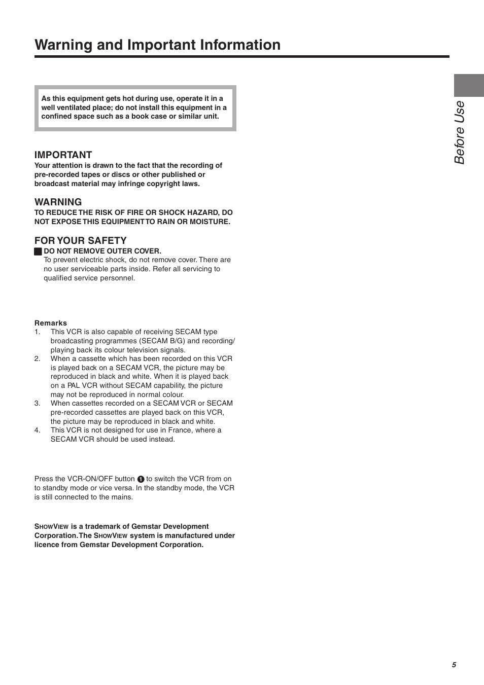 Warning and important information, Bef ore use, Important | Warning, For your safety | Panasonic NV-FJ610 User Manual | Page 5 / 34
