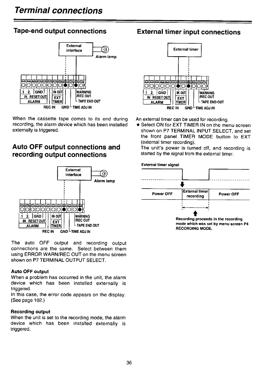 Tape-end output connections, External timer input connections, Auto off output | Recording output, Terminal connections, Ooo o | Panasonic AG-DTL1P User Manual | Page 36 / 106