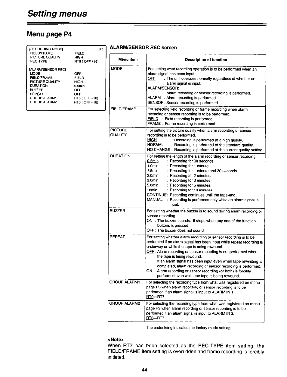 Alarm/sensor rec screen, Note, Setting menus | Menu page p4 | Panasonic AG-DTL1P User Manual | Page 44 / 106