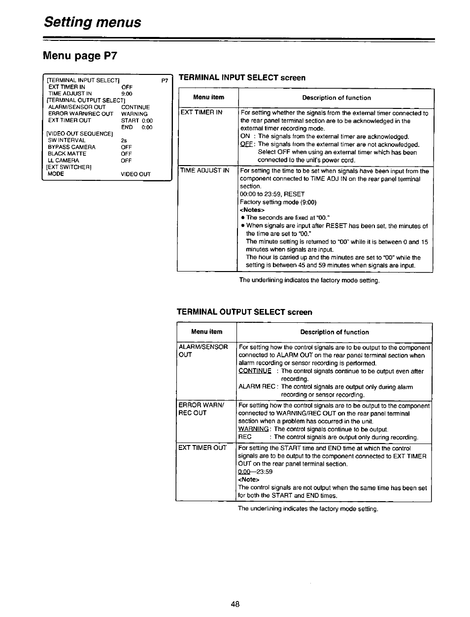 Terminal input select screen, Terminal output select screen, Setting menus | Menu page p7 | Panasonic AG-DTL1P User Manual | Page 48 / 106