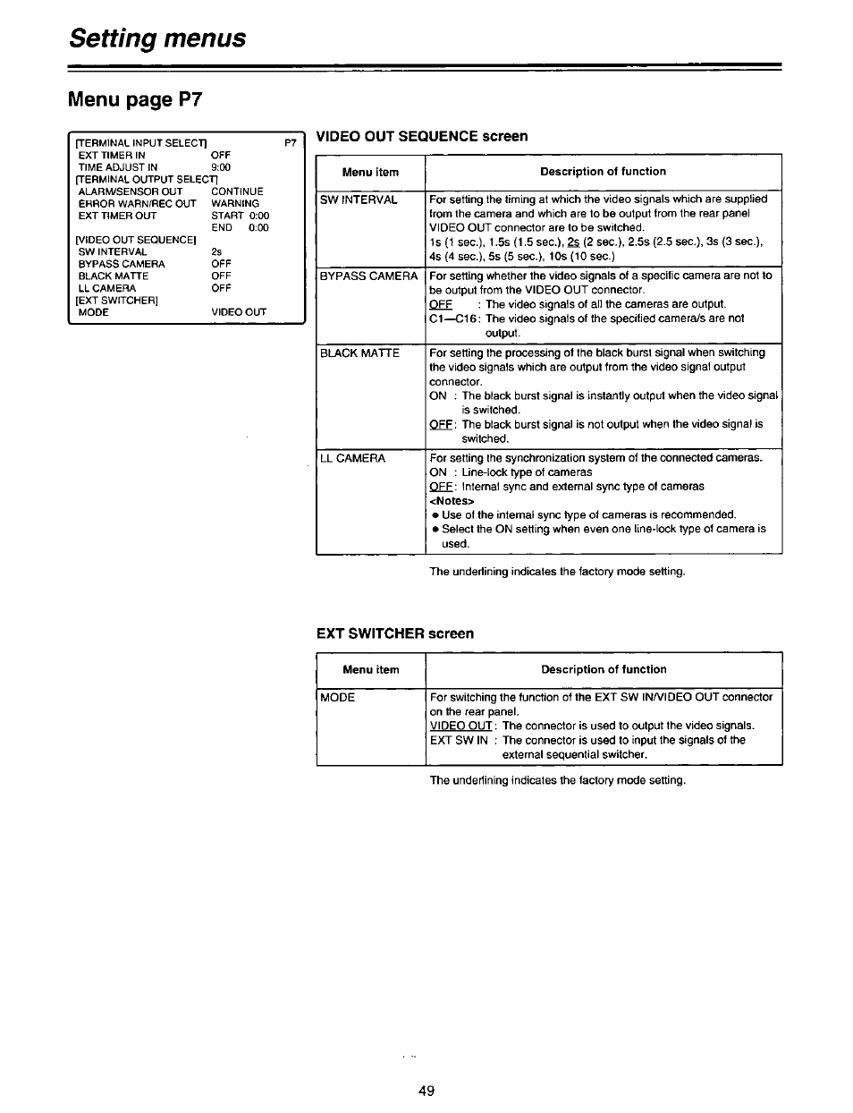 Video out sequence screen, Ext switcher screen, Setting menus | Menu page p7 | Panasonic AG-DTL1P User Manual | Page 49 / 106
