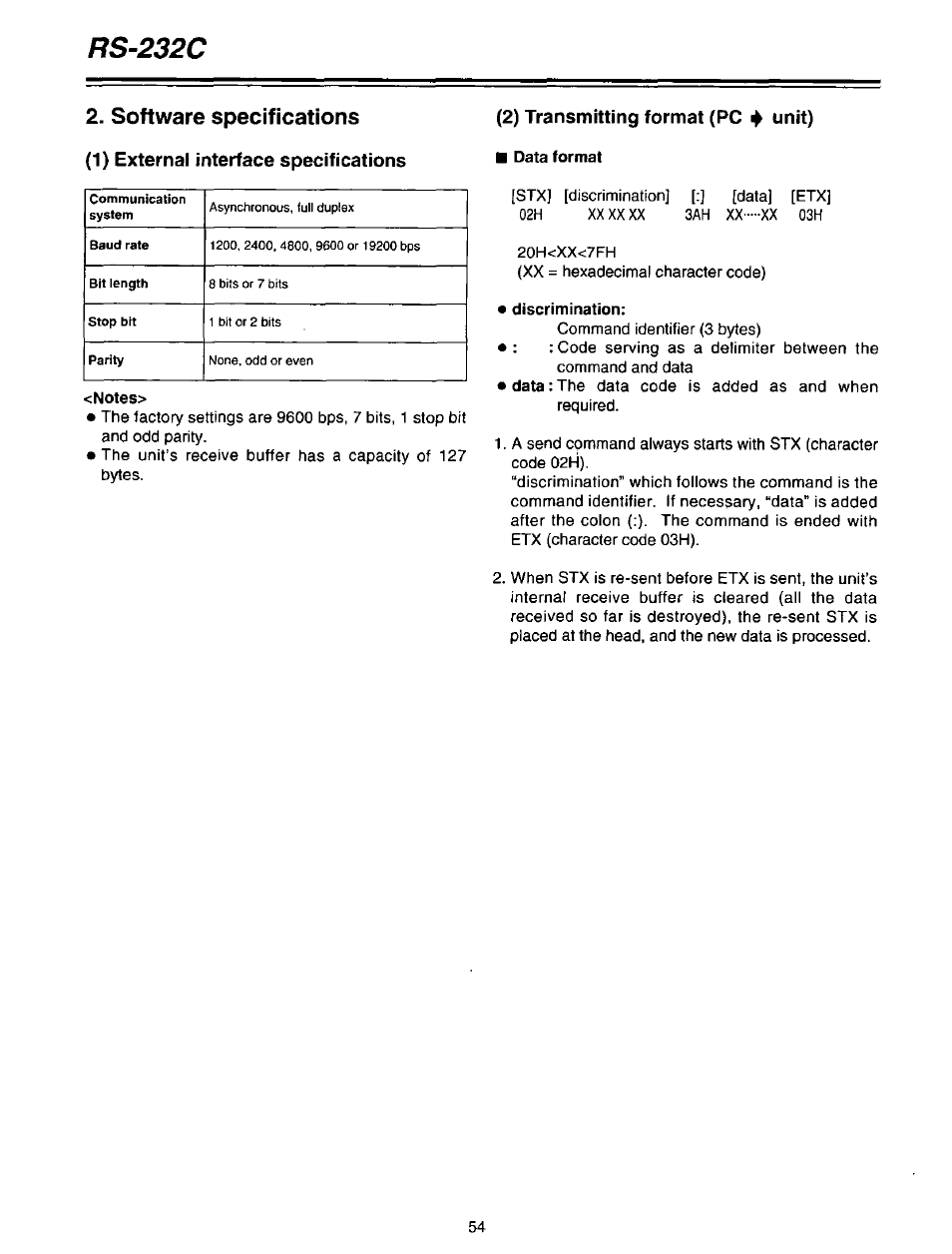 Software specifications, Notes, Data format | Discrimination, Rs-232c | Panasonic AG-DTL1P User Manual | Page 54 / 106