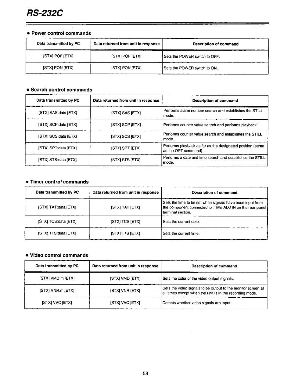 Power control commands, Search control commands, Timer control commands | Video control commands, Rs-232c | Panasonic AG-DTL1P User Manual | Page 58 / 106