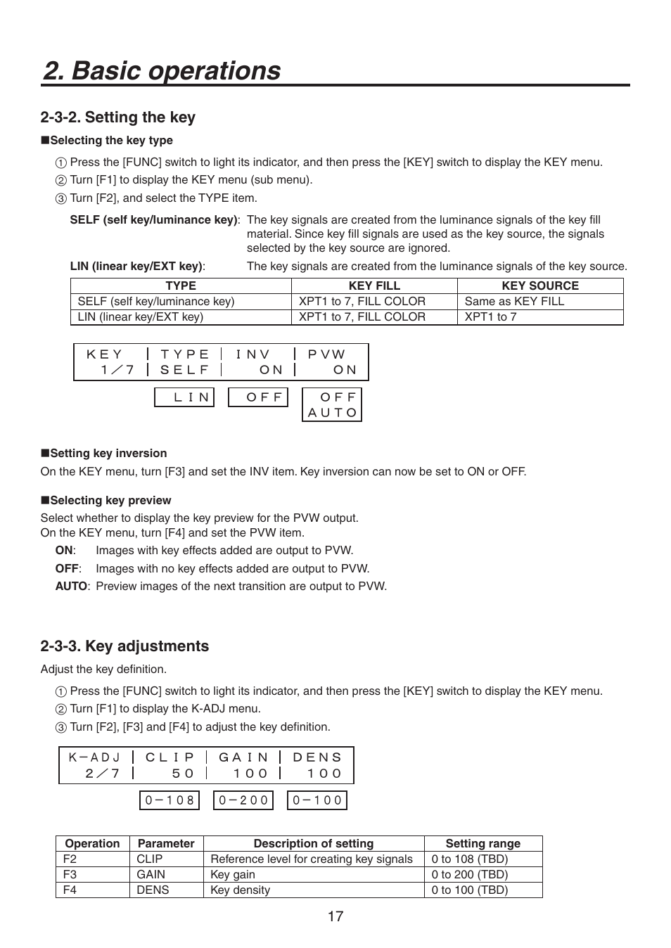 Basic operations, 3-2. setting the key, 3-3. key adjustments | Panasonic AV-HS300 User Manual | Page 17 / 60