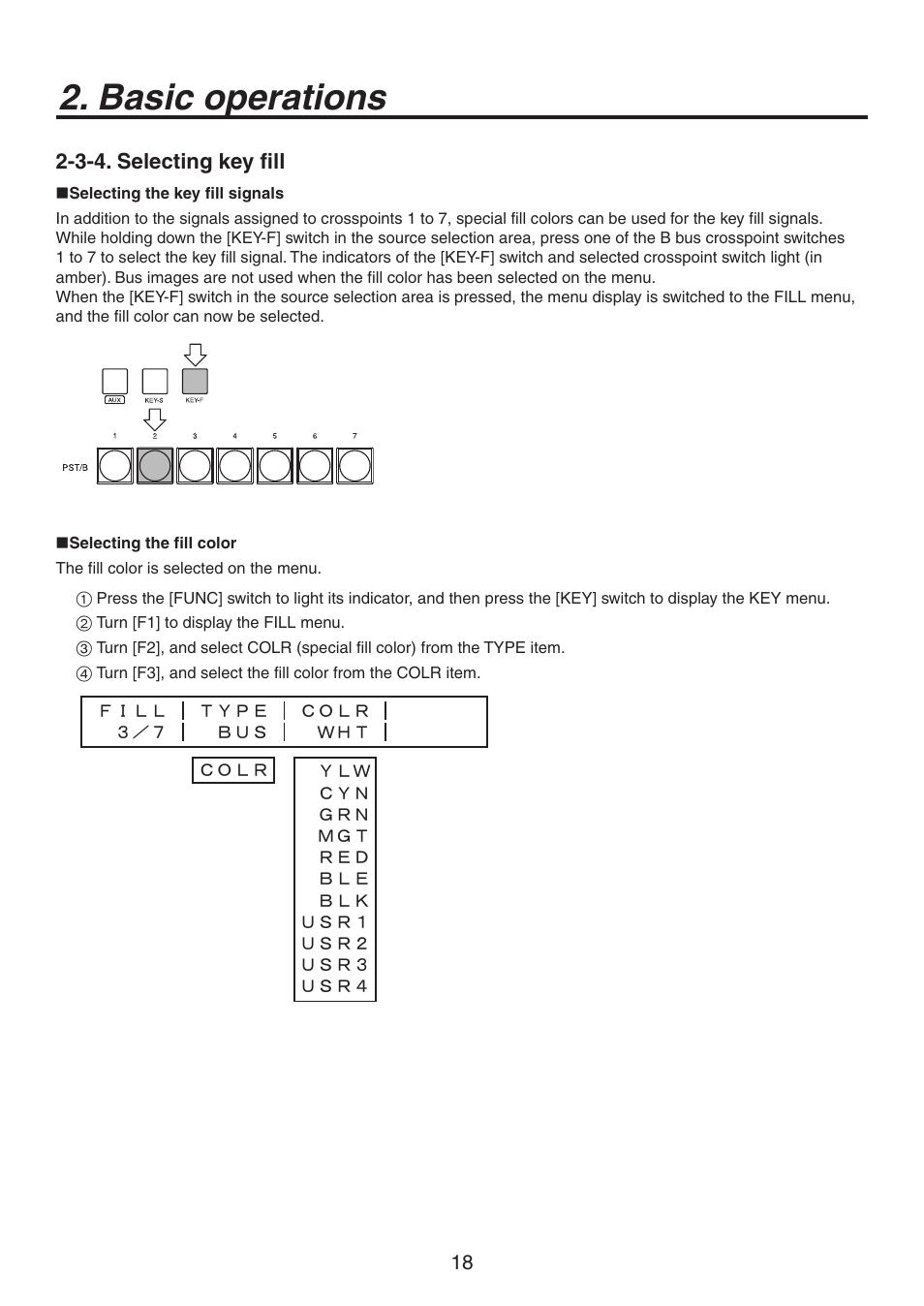 Basic operations, 3-4. selecting key fill | Panasonic AV-HS300 User Manual | Page 18 / 60