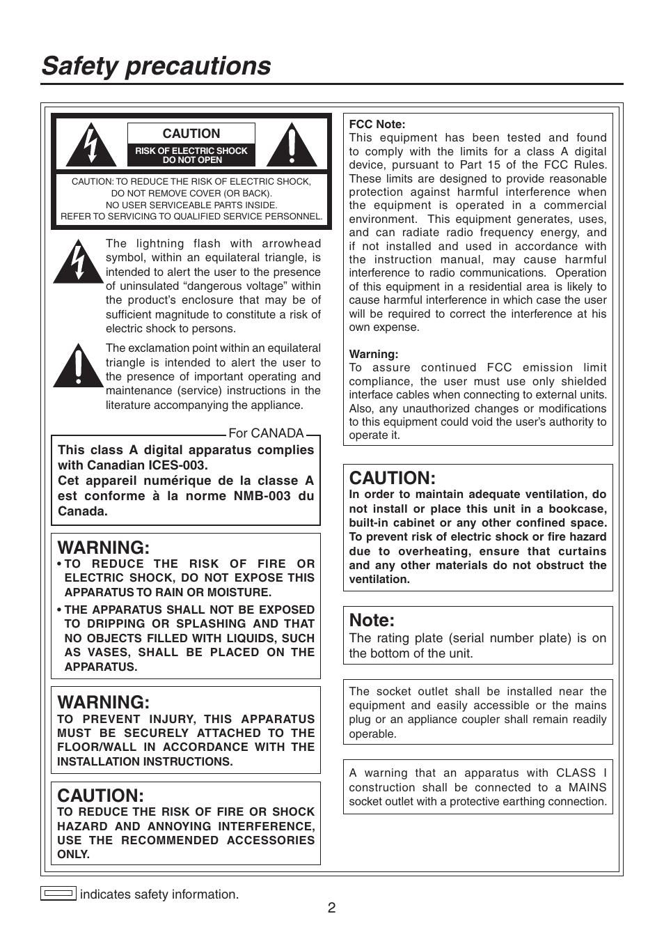 Safety precautions, Warning, Caution | Panasonic AV-HS300 User Manual | Page 2 / 60