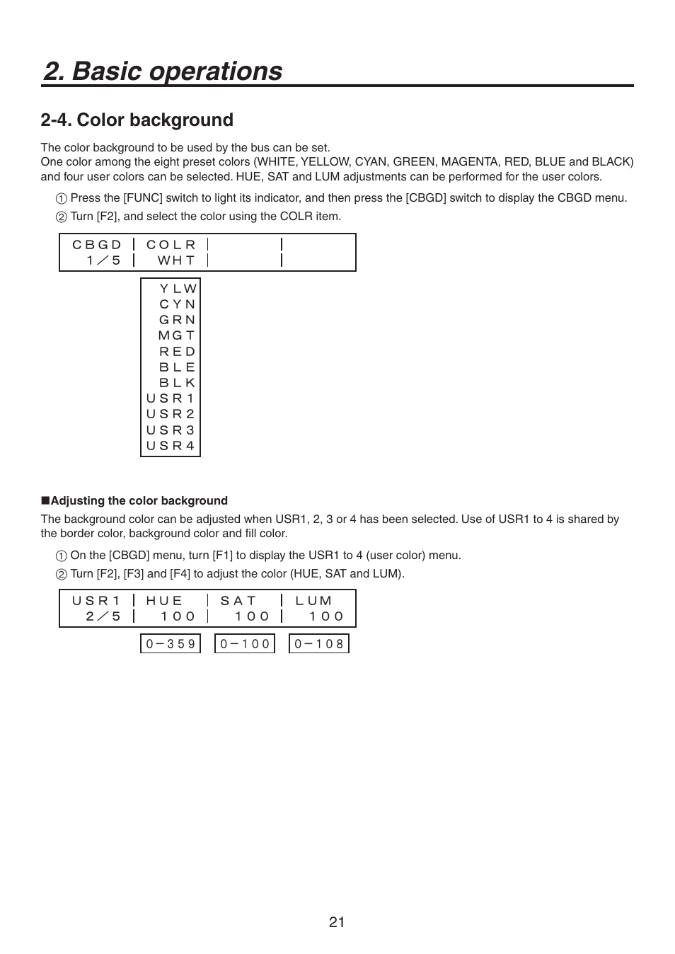 Basic operations, 4. color background | Panasonic AV-HS300 User Manual | Page 21 / 60