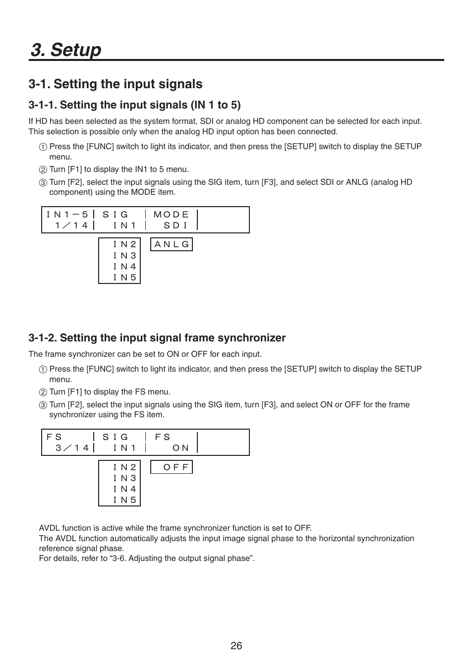 Setup, 1. setting the input signals, 1-1. setting the input signals (in 1 to 5) | 1-2. setting the input signal frame synchronizer | Panasonic AV-HS300 User Manual | Page 26 / 60