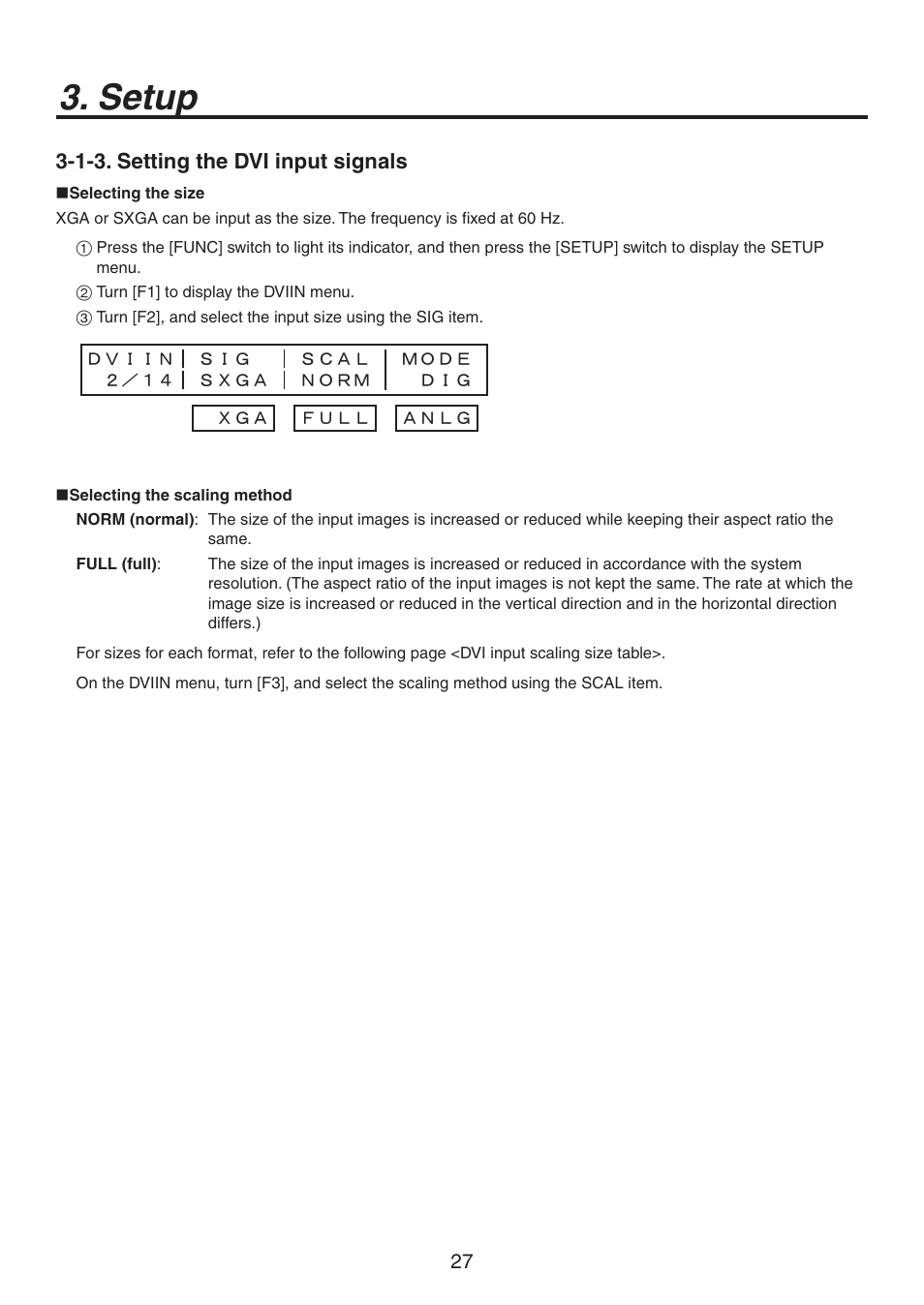Setup, 1-3. setting the dvi input signals | Panasonic AV-HS300 User Manual | Page 27 / 60