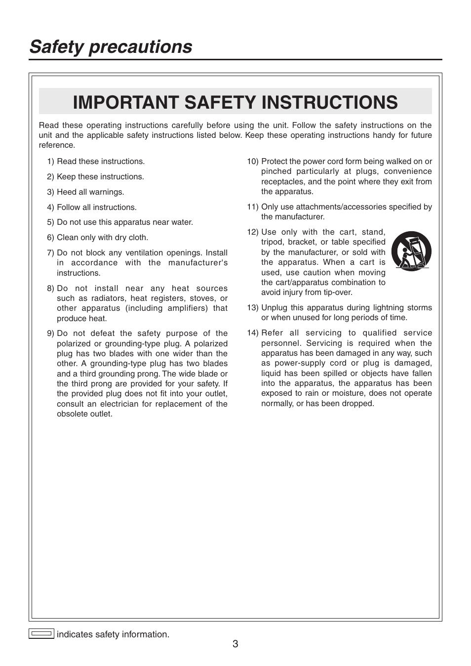 Important safety instructions safety precautions | Panasonic AV-HS300 User Manual | Page 3 / 60