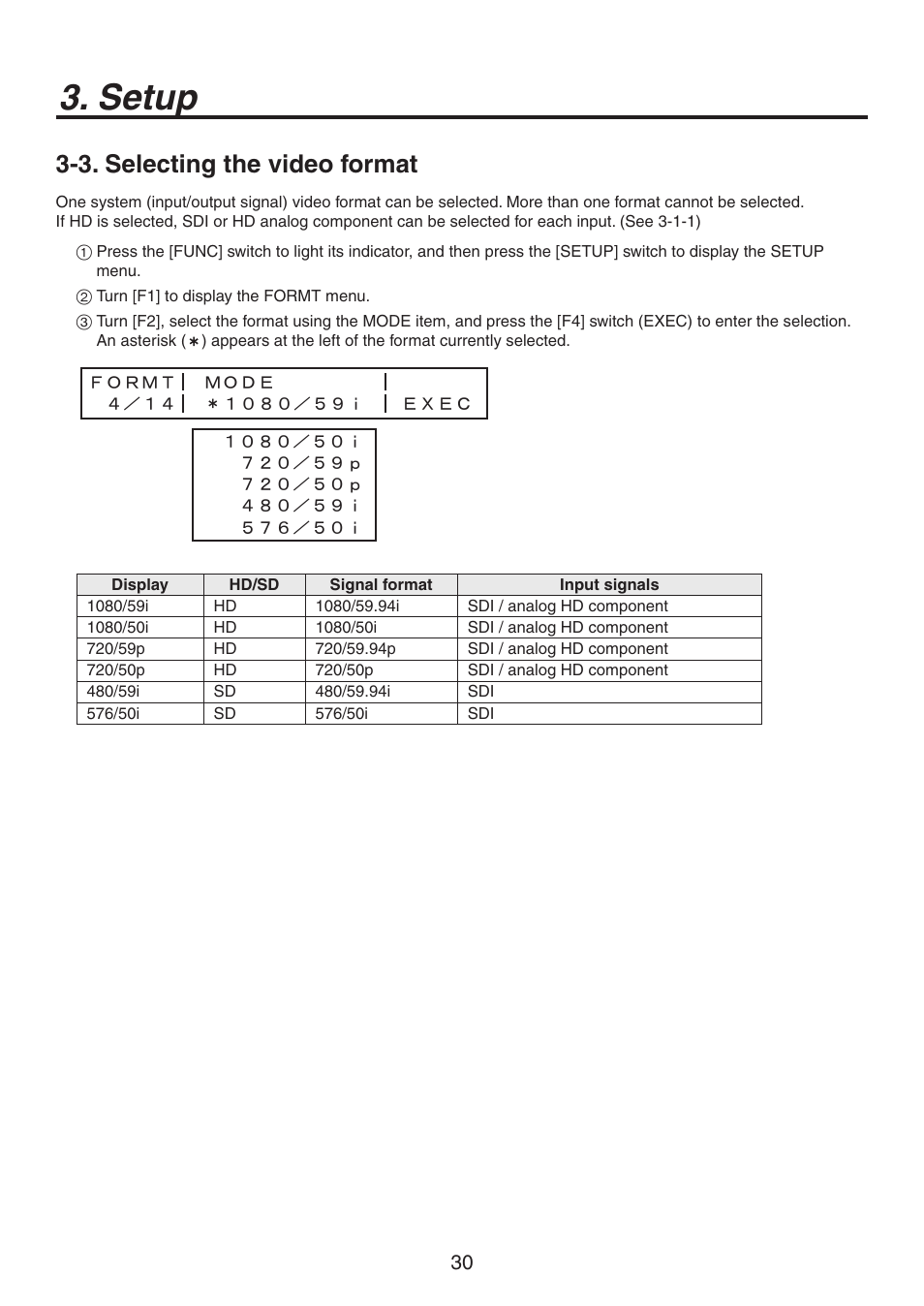 Setup, 3. selecting the video format | Panasonic AV-HS300 User Manual | Page 30 / 60