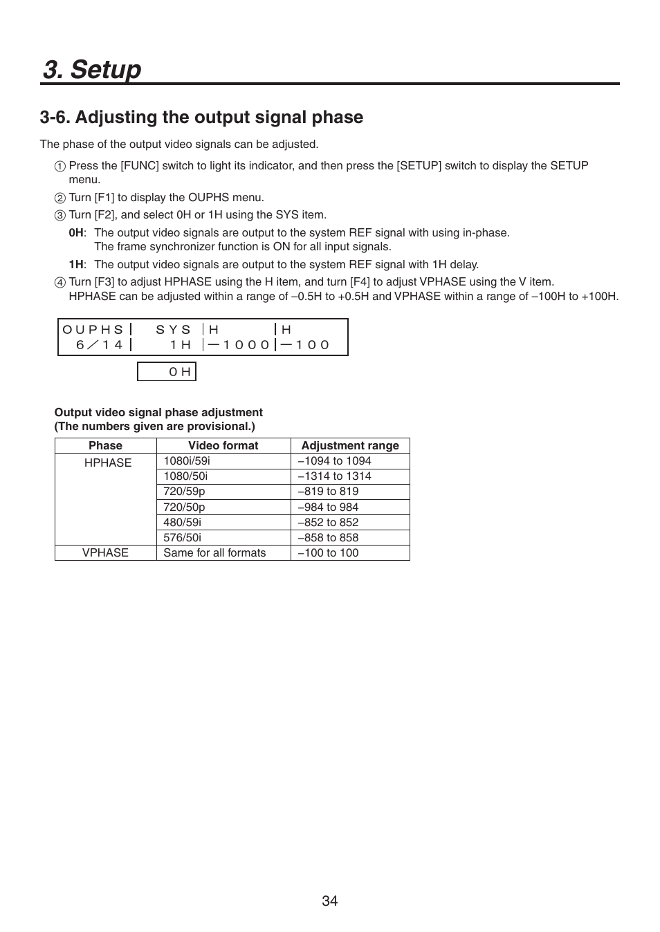 Setup, 6. adjusting the output signal phase | Panasonic AV-HS300 User Manual | Page 34 / 60