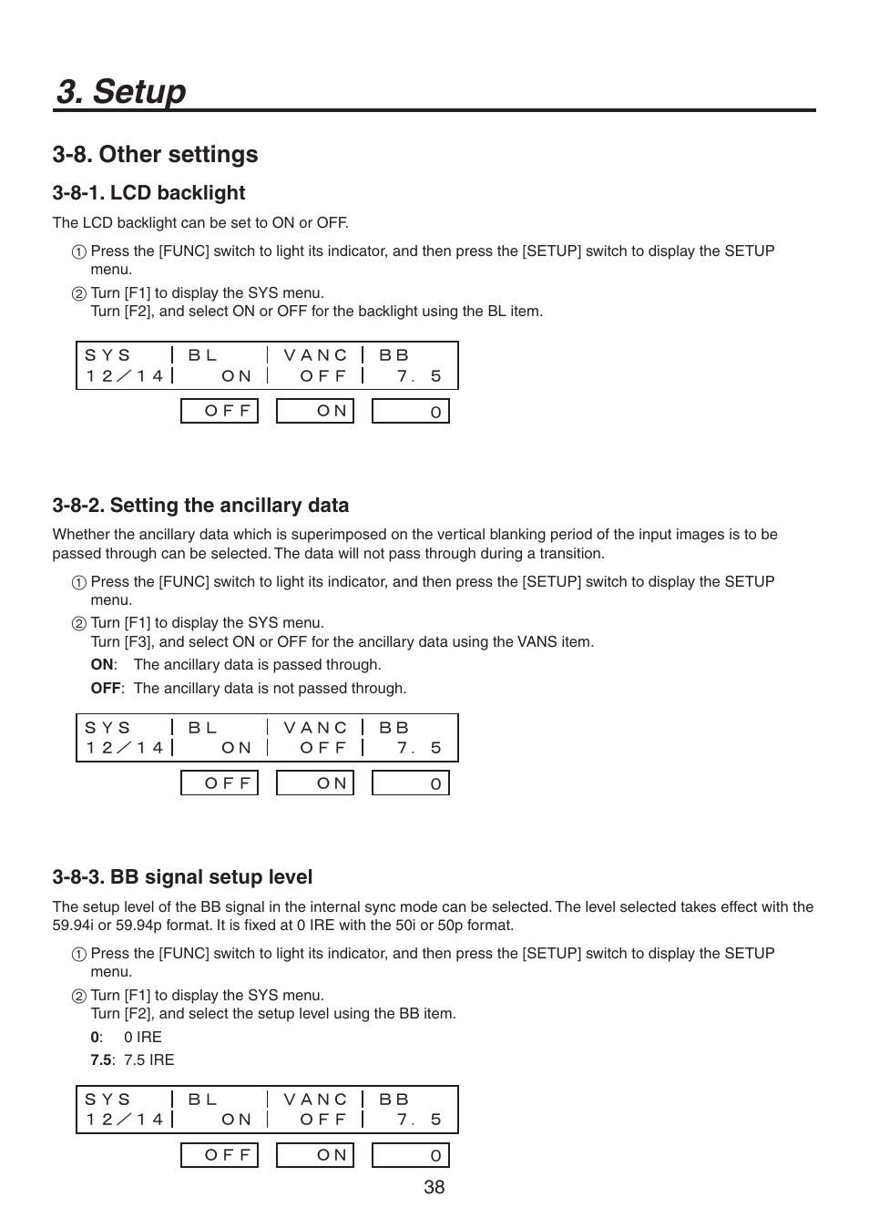 Setup, 8. other settings, 8-1. lcd backlight | 8-2. setting the ancillary data, 8-3. bb signal setup level | Panasonic AV-HS300 User Manual | Page 38 / 60