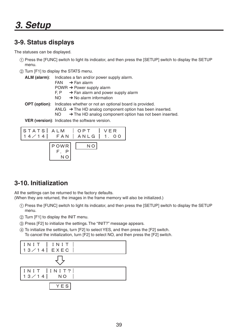 Setup, 9. status displays, 10. initialization | Panasonic AV-HS300 User Manual | Page 39 / 60