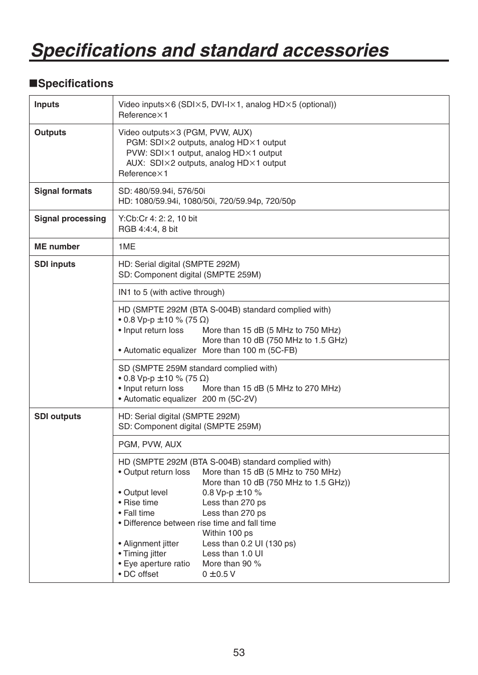 Specifications and standard accessories, Specifications | Panasonic AV-HS300 User Manual | Page 53 / 60