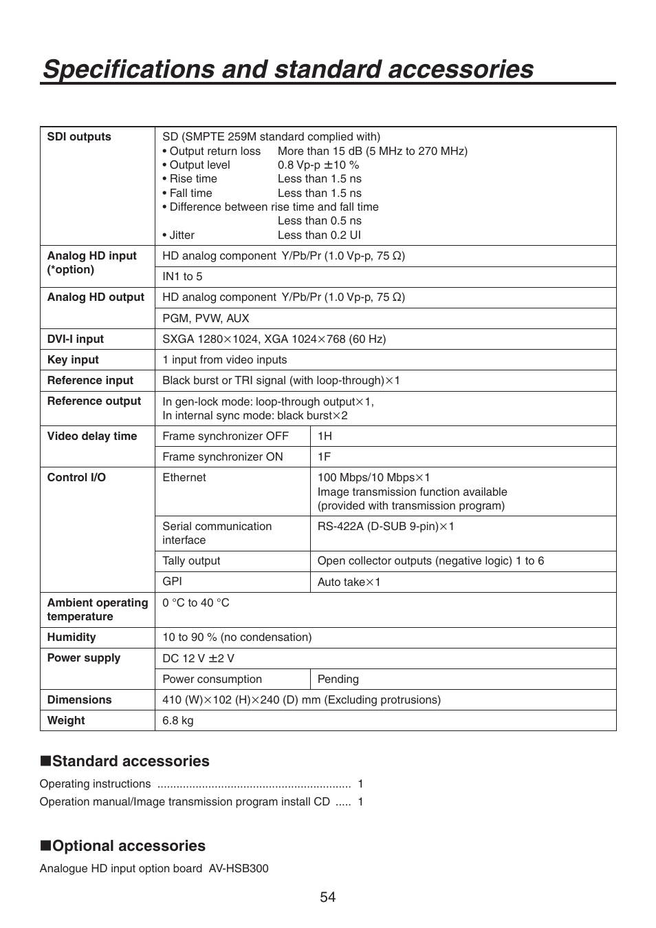 Specifications and standard accessories, Standard accessories, Optional accessories | Panasonic AV-HS300 User Manual | Page 54 / 60