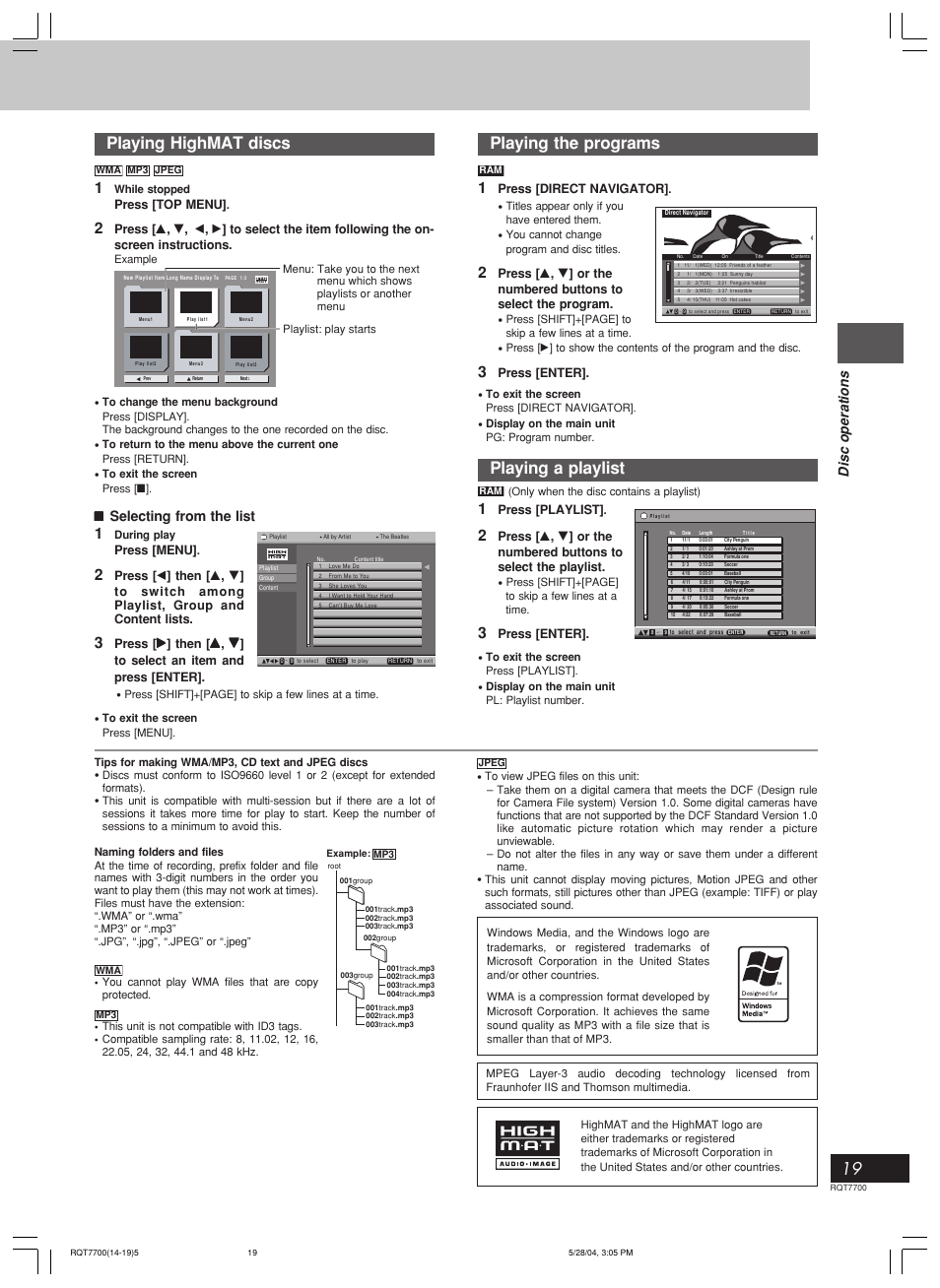 Playing highmat discs, Playing the programs, Playing a playlist | Disc operations, Selecting from the list | Panasonic SC-VK71D User Manual | Page 19 / 40