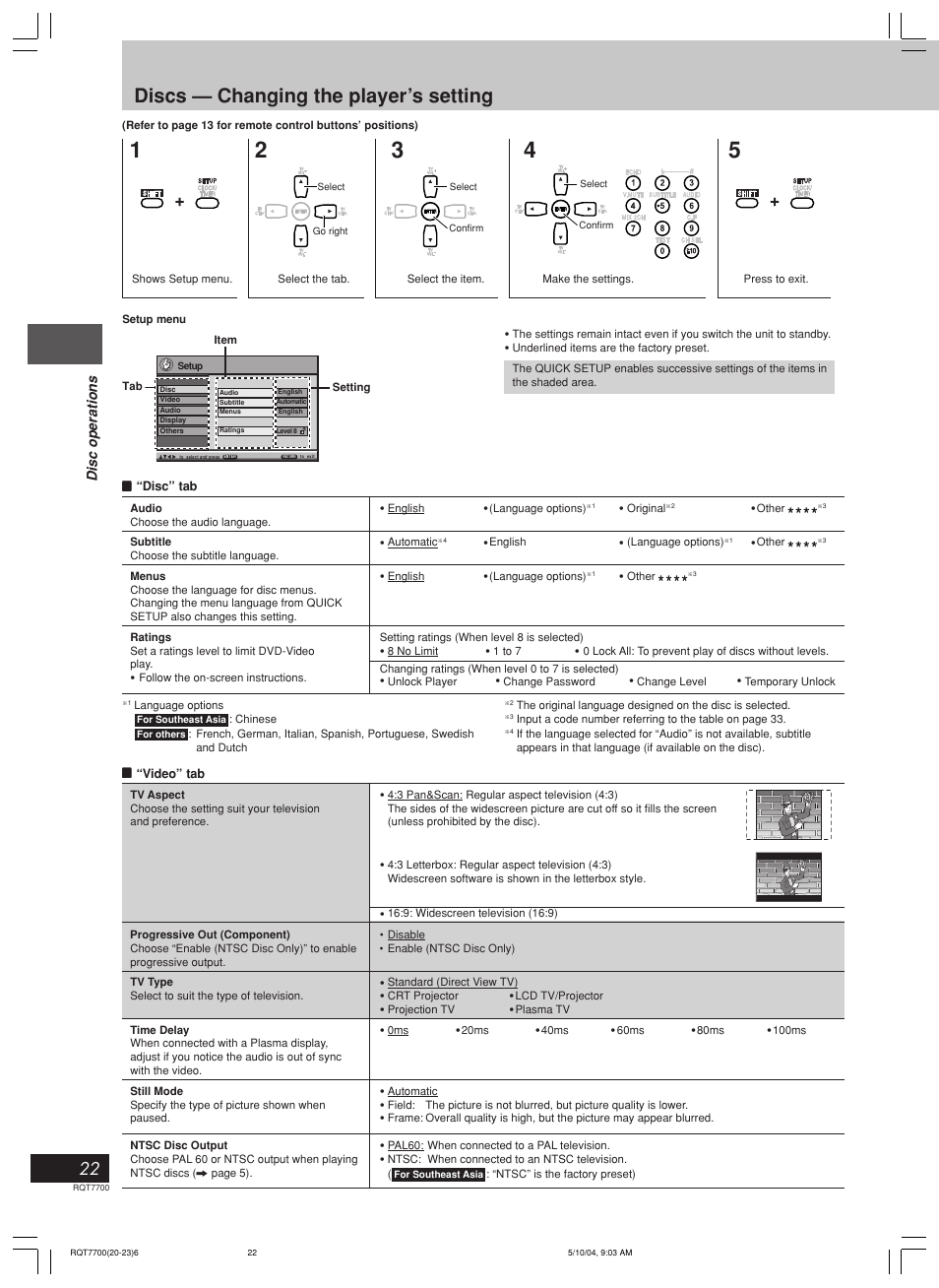 Discs — changing the player’s setting | Panasonic SC-VK71D User Manual | Page 22 / 40