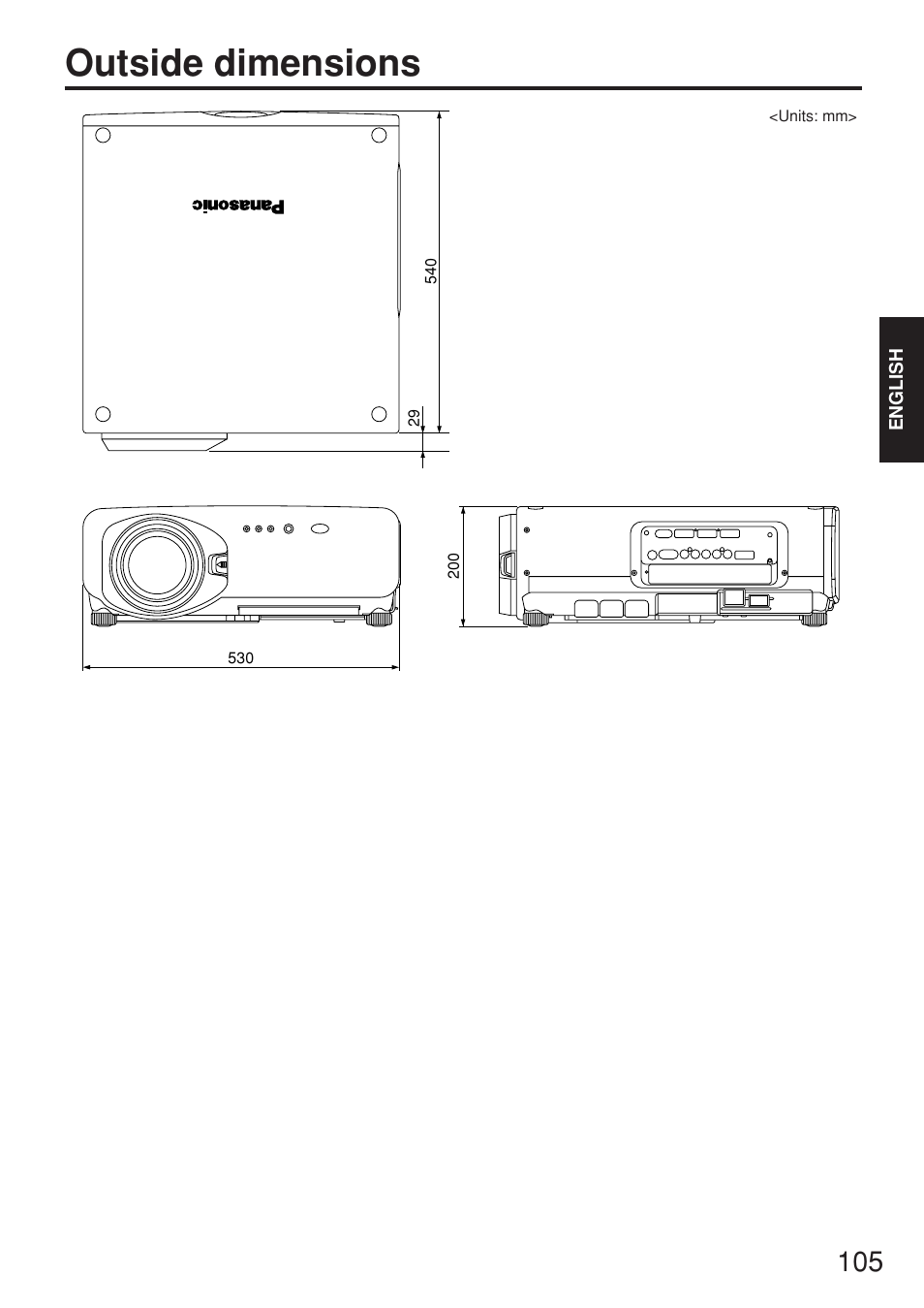 Outside dimensions | Panasonic PT-D7700E User Manual | Page 105 / 106