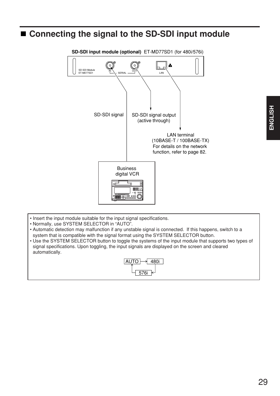 Connecting the signal to the sd-sdi input module, English | Panasonic PT-D7700E User Manual | Page 29 / 106
