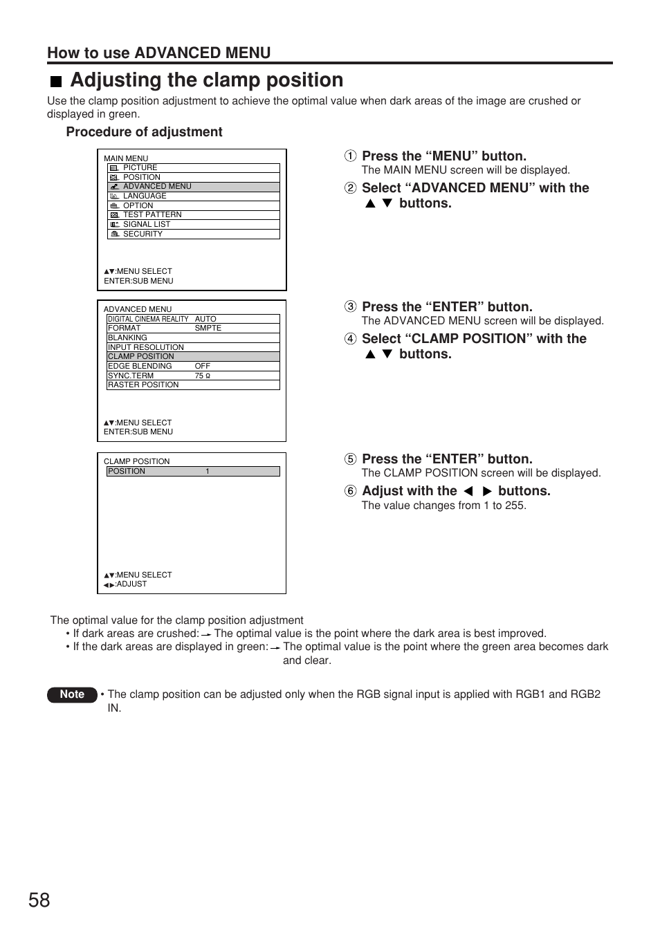 Adjusting the clamp position, How to use advanced menu | Panasonic PT-D7700E User Manual | Page 58 / 106