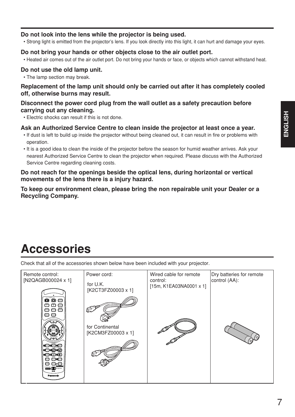 Accessories, English, Do not use the old lamp unit | Electric shocks can result if this is not done | Panasonic PT-D7700E User Manual | Page 7 / 106